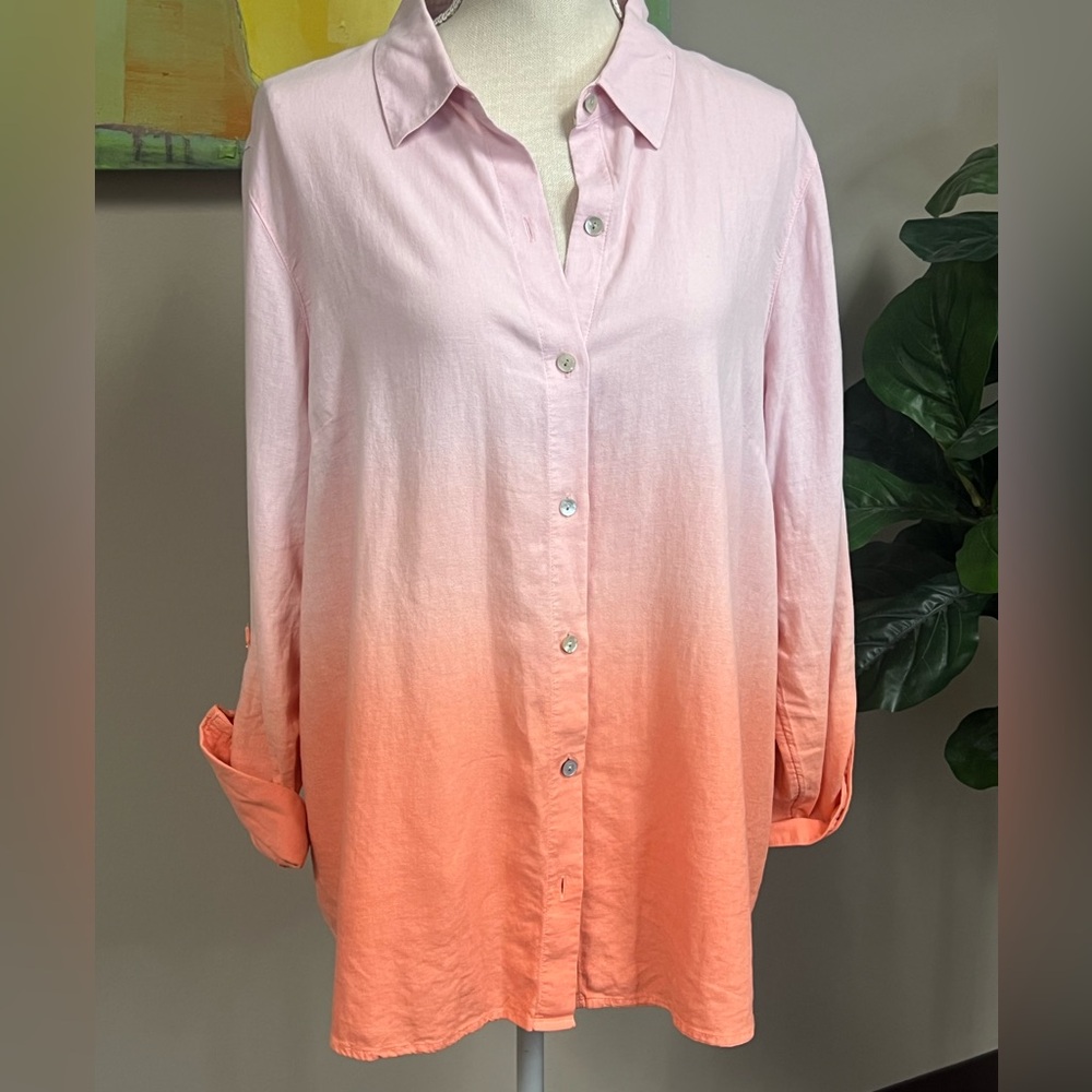 J Jill Pink and Orange Ombre Linen Button-Up Size Petite L